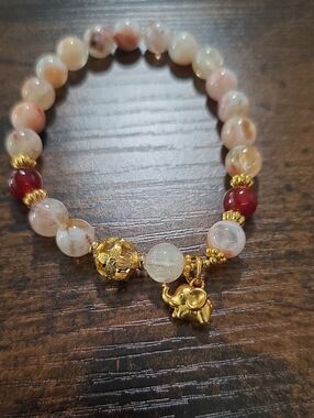 Gold Elephant Charm Pink and Red Beaded Stretch Bracelet